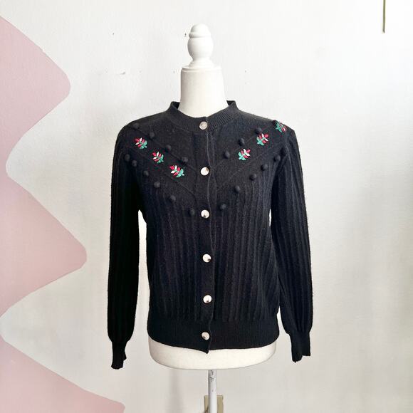 Black Floral Embroidered Cardigan Pom Pom Vintage Cottagecore Academia Medium - Picture 2 of 5